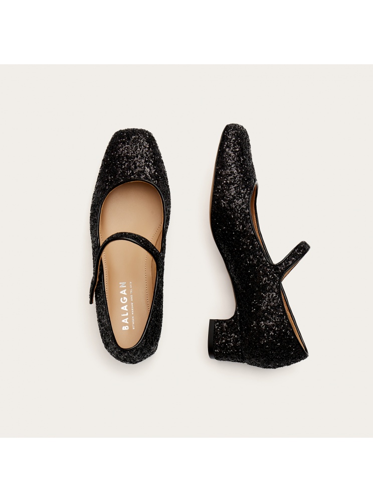 Dora Low Heels, black glitter | Balagan Studio
