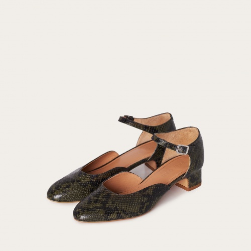 Forte Heels, olive python pattern | Balagan Studio