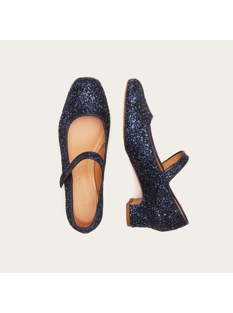Dora Low Heel Pumps, Marineblau-Glitzer | Balagan Studio