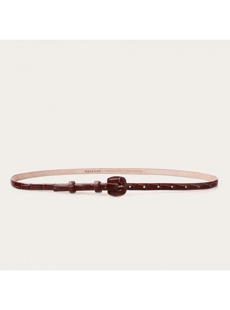 Cienki pasek z powlekaną klamerką, brązowy wzór krokodyla | Balagan Studio