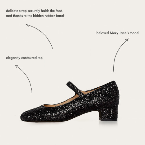 Dora Low Heels, black glitter | Balagan Studio