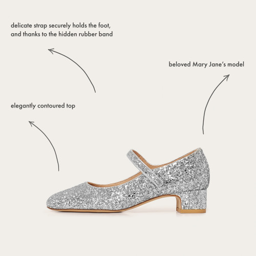 Dora Low Heels, silver glitter | Balagan Studio