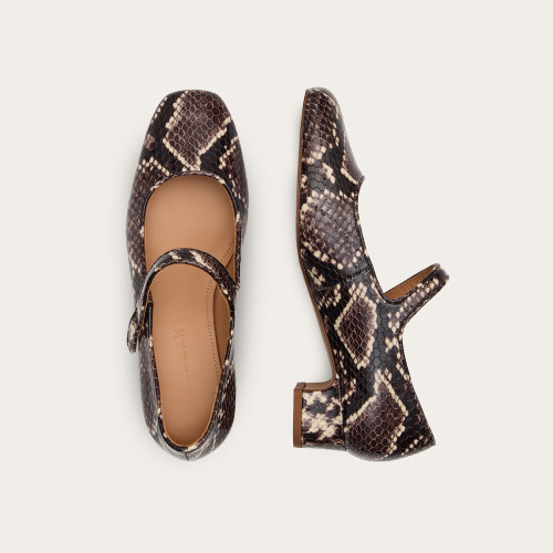Dora Low Heels, brown python pattern | Balagan Studio