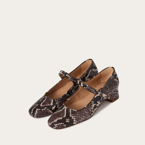 Dora Low Heels, brown python pattern | Balagan Studio