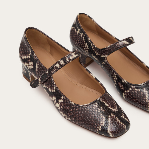Dora Low Heels, brown python pattern | Balagan Studio