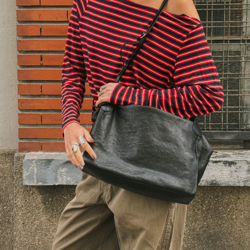 Tamara Bag L, black ostrich pattern | Balagan Studio