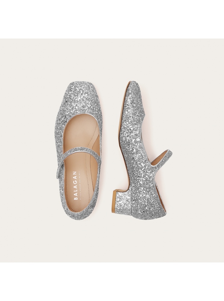 Dora Low Heels, silver glitter | Balagan Studio