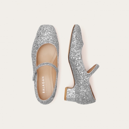 Dora Low Heels, silver glitter | Balagan Studio