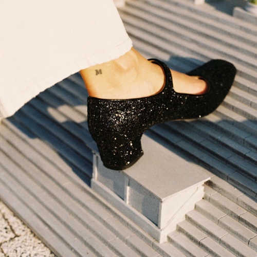 Lyo Black Glitter Block Heel Sandals